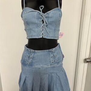 Light Blue Denim Lace-Up Crop Top & Skirt Set NWT Small